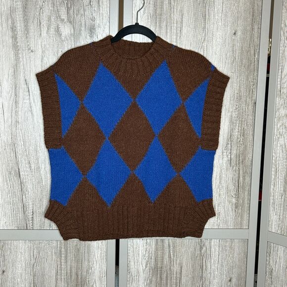 La Double Ja Vest Sweater Sz M Argyle Sleeveless Brown Blue Made in Italy - Picture 1 of 9